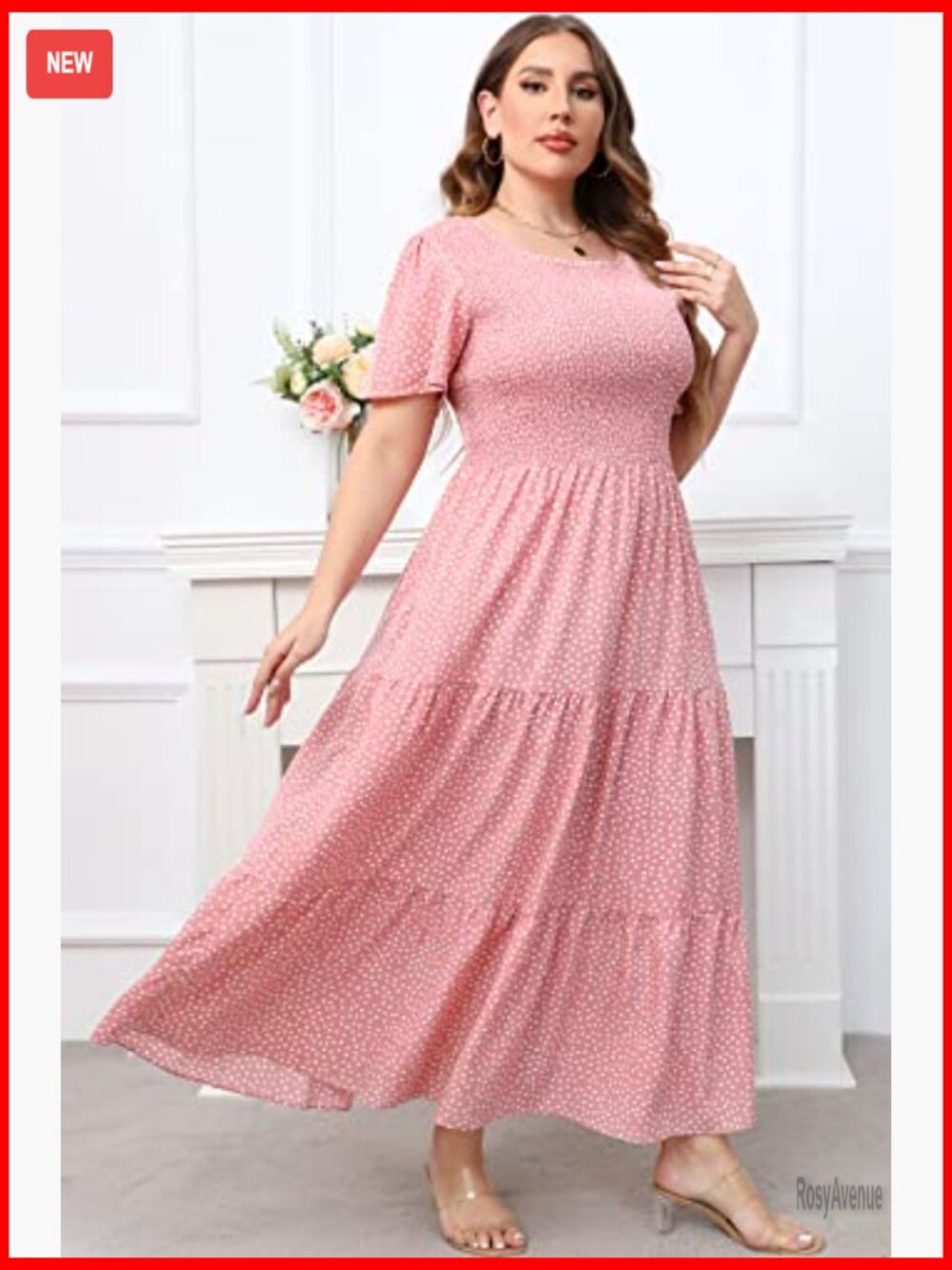Plus Size Maxi Dress with Pockets Floral Smocked Tiered Layers Flutter Sleeves - Picture 5 of 7